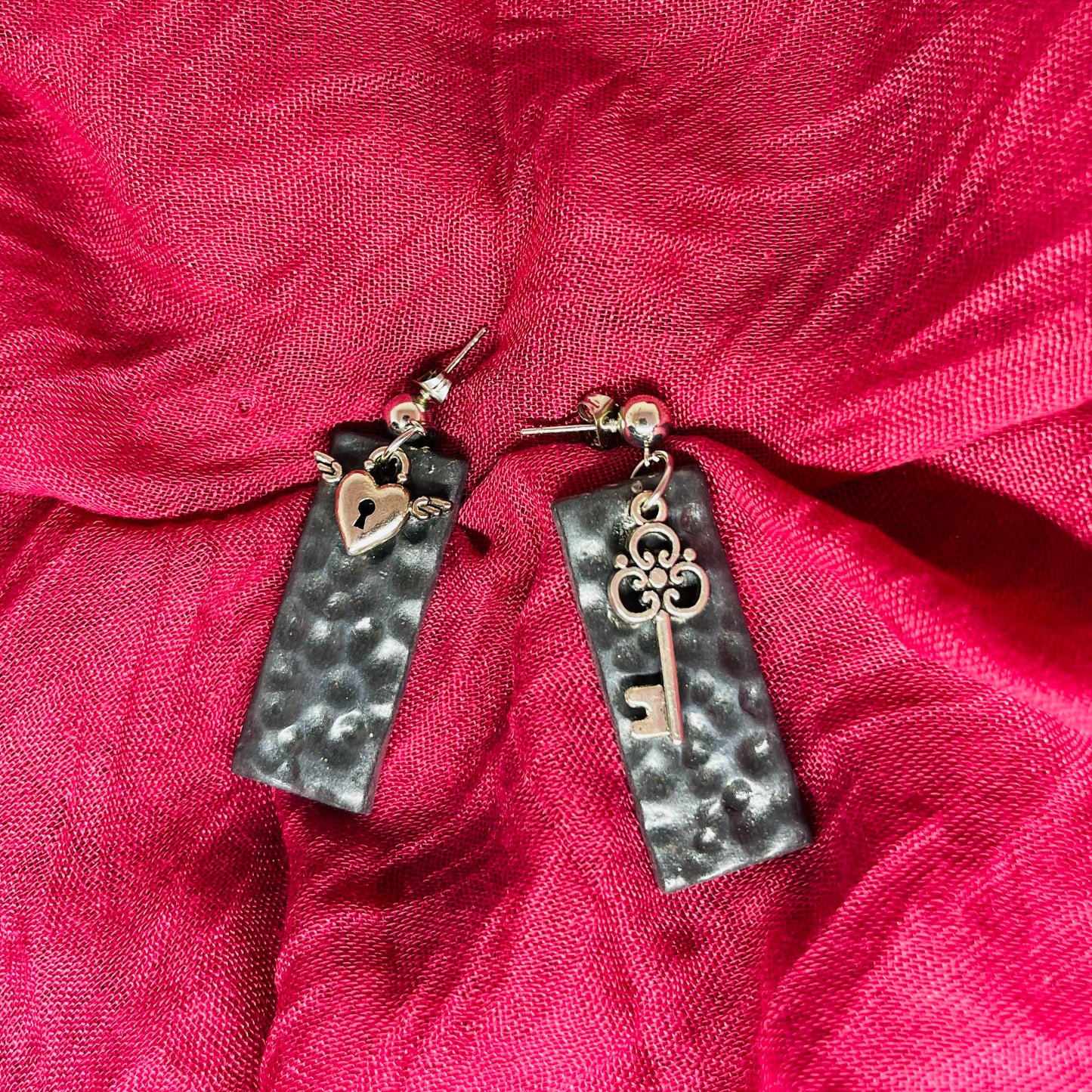 Black and silver heart padlock with key earrings