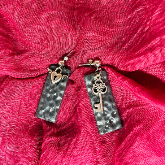 Black and silver heart padlock with key earrings