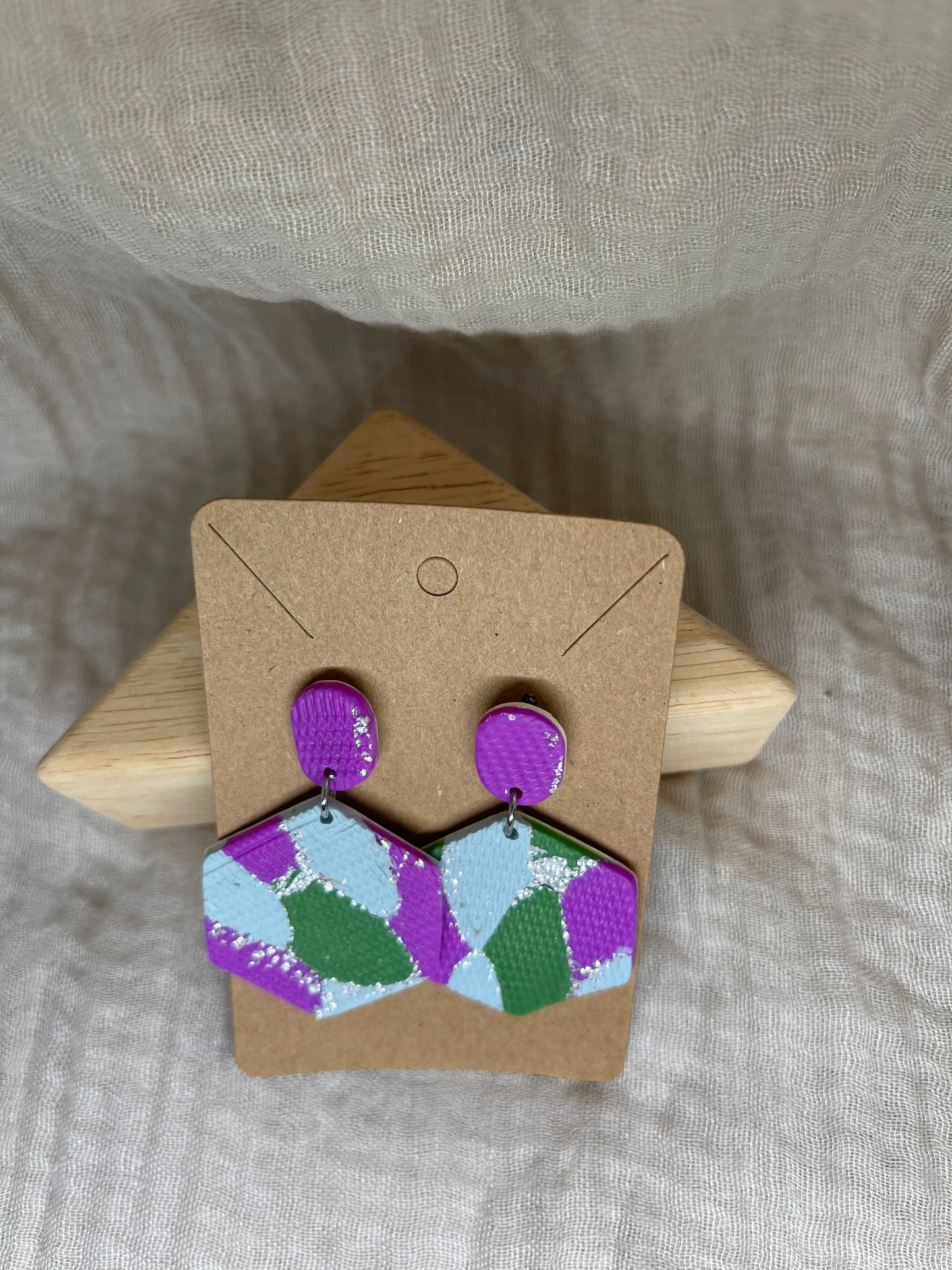 Purple and green hexagon earring