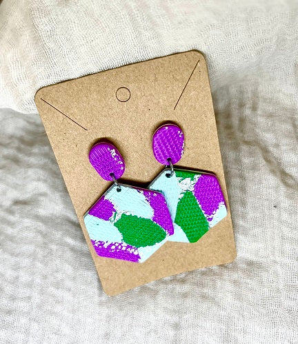 Purple and green hexagon earring