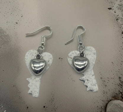 Silver Heart Key Charms Earrings