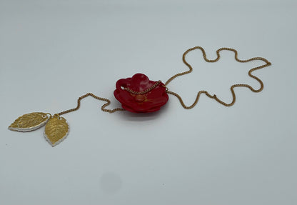 Red flower with gold leaf necklace